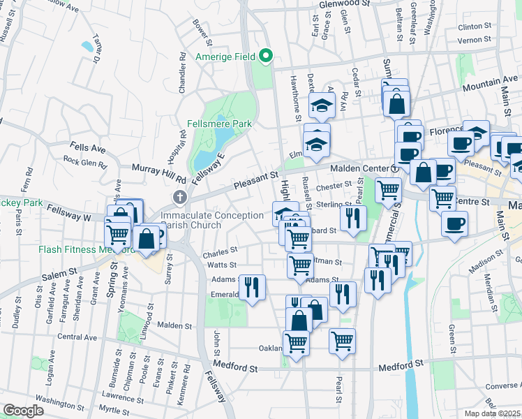 map of restaurants, bars, coffee shops, grocery stores, and more near 52 Wentworth Street in Malden