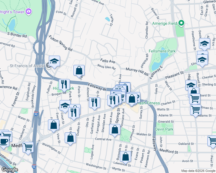map of restaurants, bars, coffee shops, grocery stores, and more near 152 Fellsway West in Medford