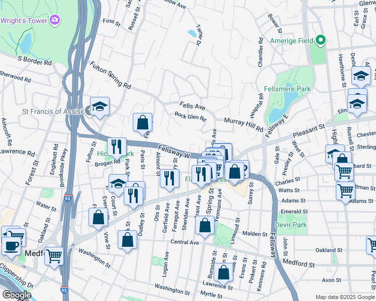 map of restaurants, bars, coffee shops, grocery stores, and more near 194 Fellsway West in Medford