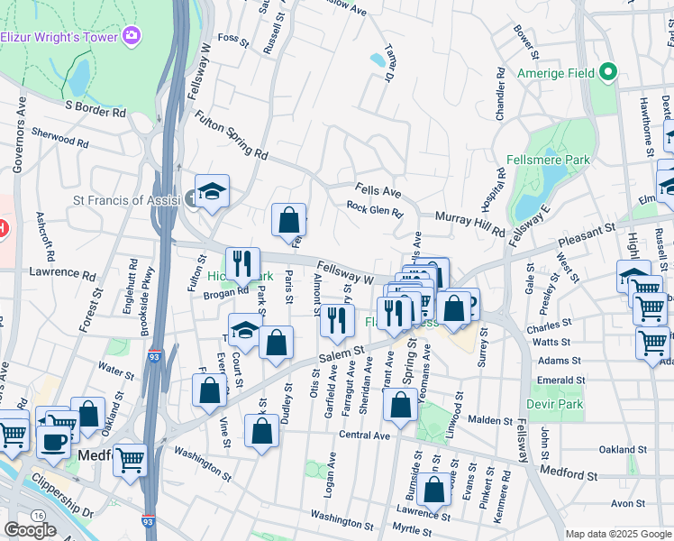 map of restaurants, bars, coffee shops, grocery stores, and more near 1 Almont Court in Medford