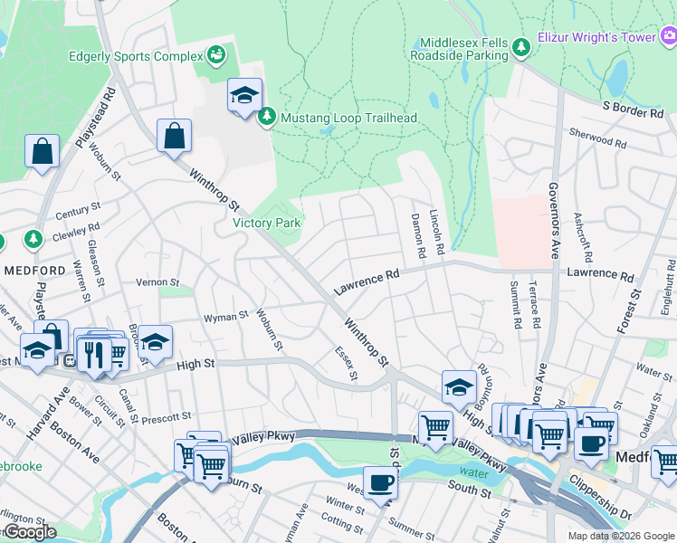 map of restaurants, bars, coffee shops, grocery stores, and more near 13 Whittier Road in Medford