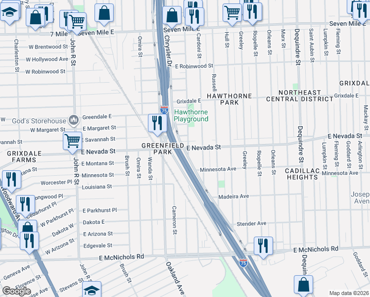 map of restaurants, bars, coffee shops, grocery stores, and more near 17904 Hawthorne Street in Highland Park