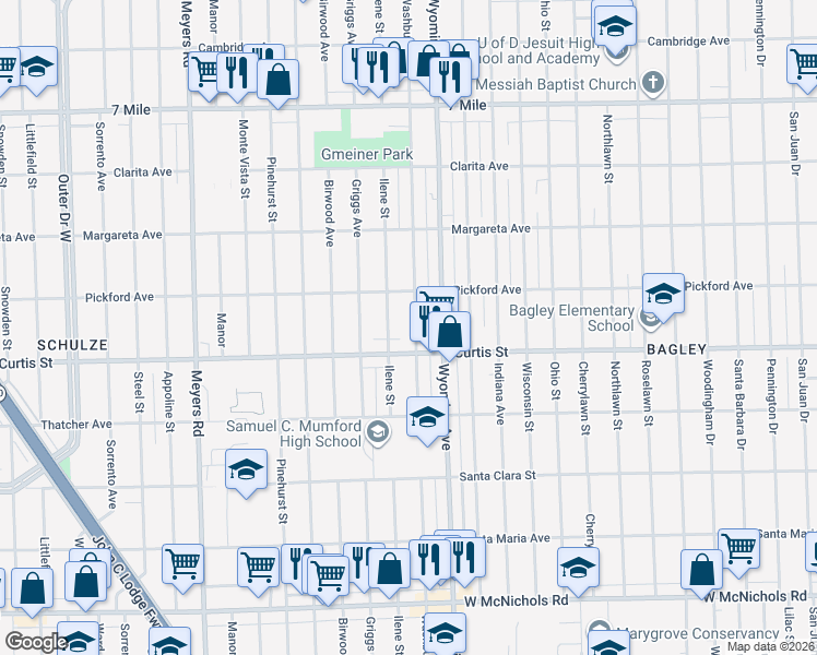 map of restaurants, bars, coffee shops, grocery stores, and more near 10080 Curtis Street in Detroit
