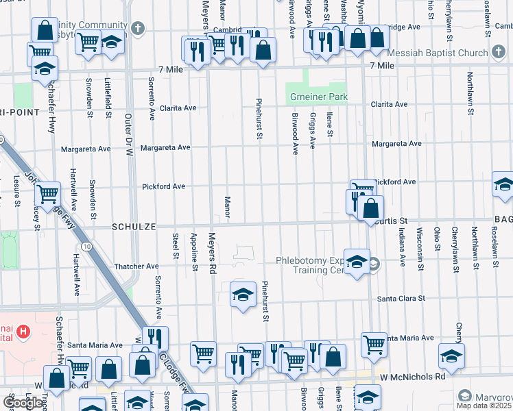 map of restaurants, bars, coffee shops, grocery stores, and more near 18227 Pinehurst Street in Detroit