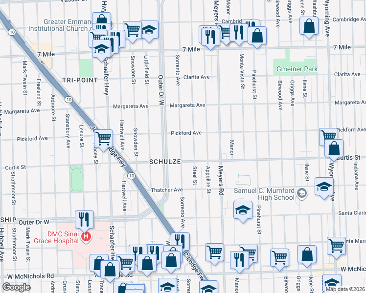 map of restaurants, bars, coffee shops, grocery stores, and more near 18236 Sorrento Avenue in Detroit