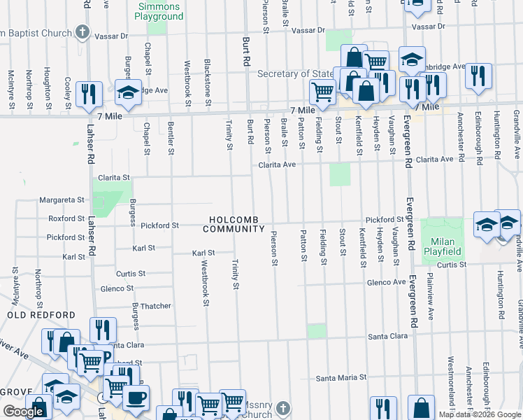 map of restaurants, bars, coffee shops, grocery stores, and more near 18415 Burt Road in Detroit