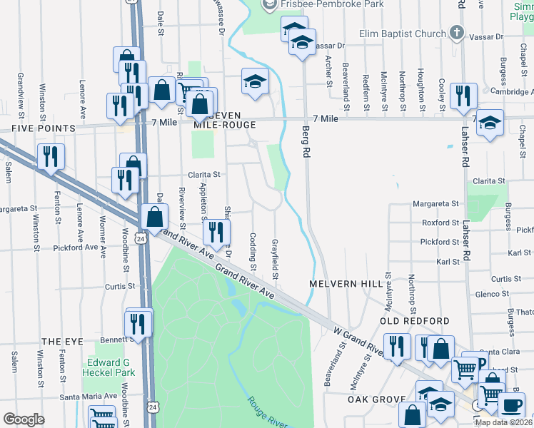 map of restaurants, bars, coffee shops, grocery stores, and more near 18380 Grayfield Street in Detroit