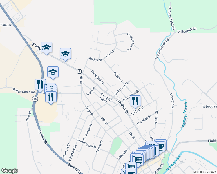 map of restaurants, bars, coffee shops, grocery stores, and more near 900 Campbell Street in Galena
