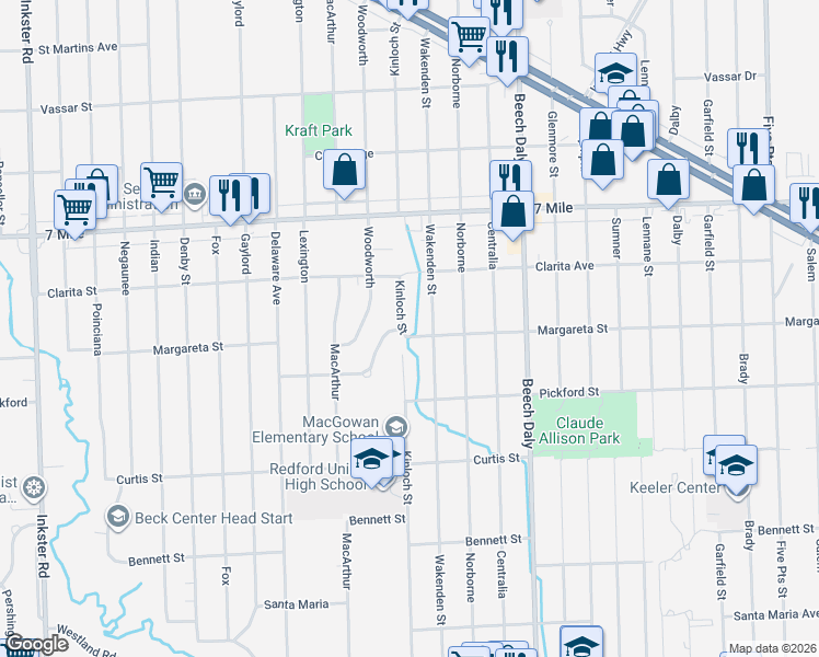 map of restaurants, bars, coffee shops, grocery stores, and more near 18612 Kinloch Street in Wayne County