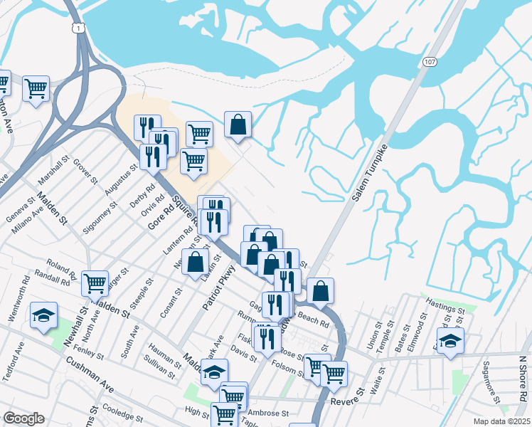 map of restaurants, bars, coffee shops, grocery stores, and more near 83 Ward Street in Revere