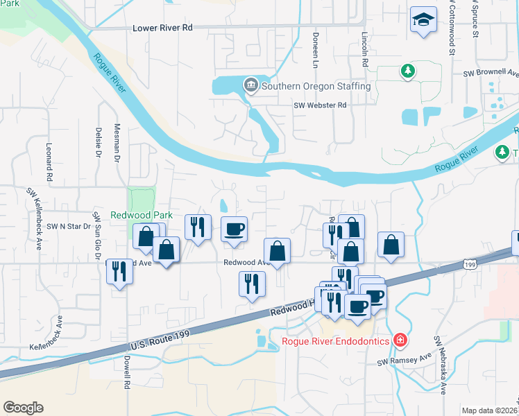 map of restaurants, bars, coffee shops, grocery stores, and more near 1352 Shady Lane in Grants Pass