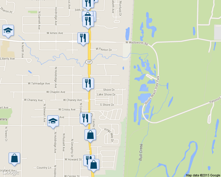 map of restaurants, bars, coffee shops, grocery stores, and more near 9918 Lake Shore Drive in Beach Park