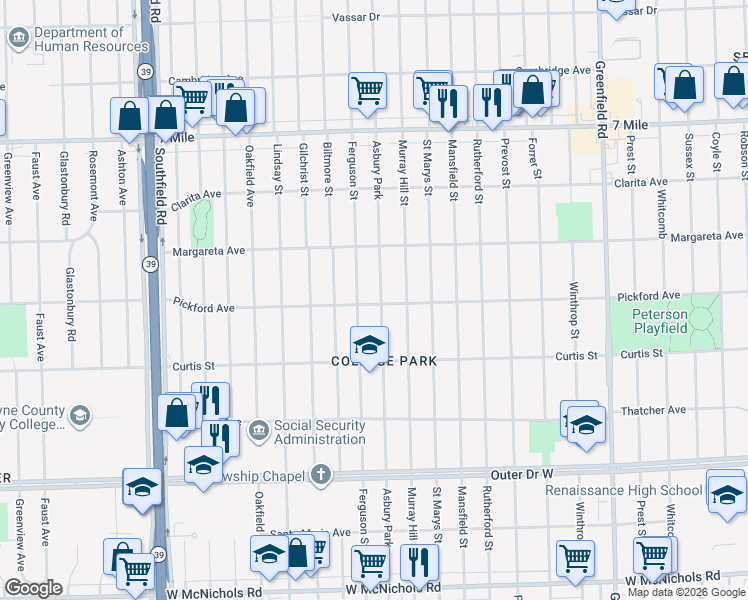 map of restaurants, bars, coffee shops, grocery stores, and more near 18403 Asbury Park in Detroit