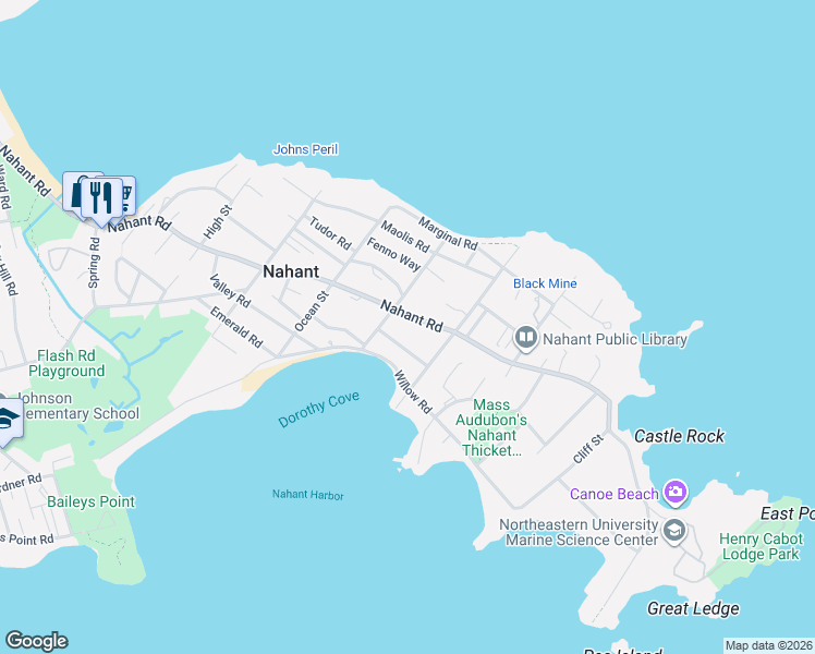map of restaurants, bars, coffee shops, grocery stores, and more near 34 Summer Street in Nahant