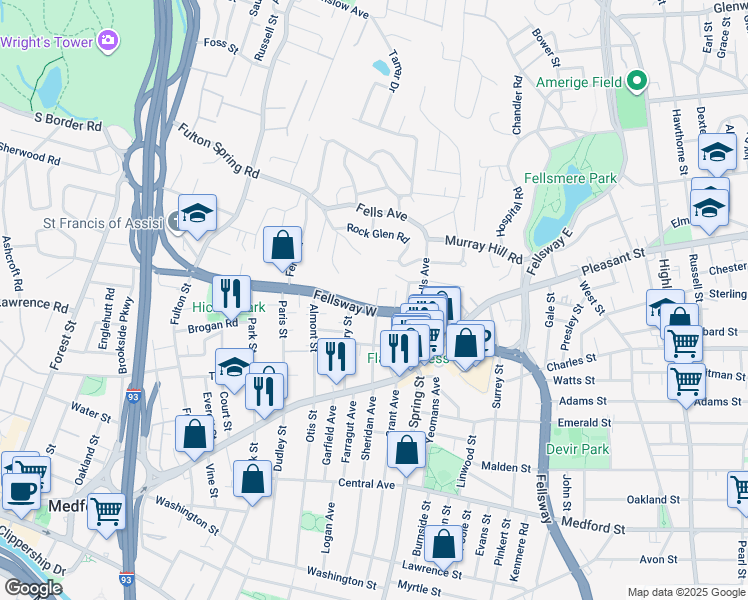 map of restaurants, bars, coffee shops, grocery stores, and more near 183 Fellsway West in Medford