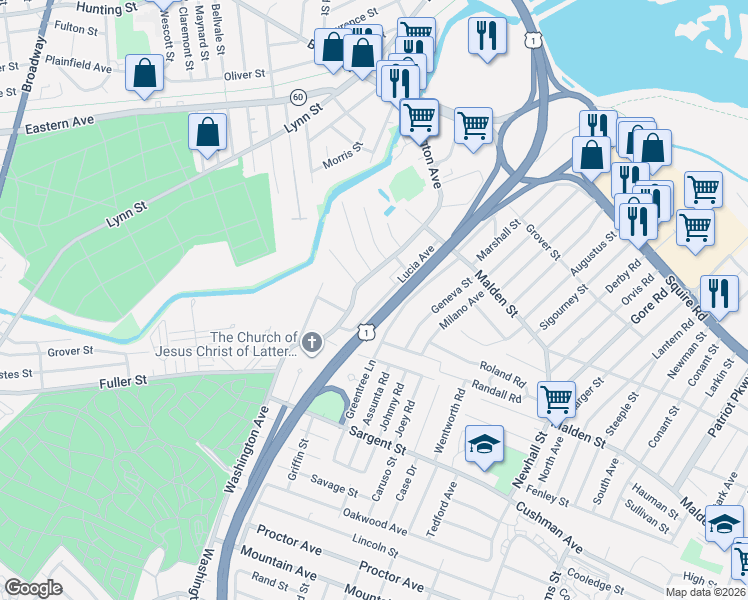 map of restaurants, bars, coffee shops, grocery stores, and more near 111 Lucia Avenue in Revere