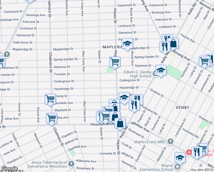 map of restaurants, bars, coffee shops, grocery stores, and more near 15043 Hazelridge Street in Detroit