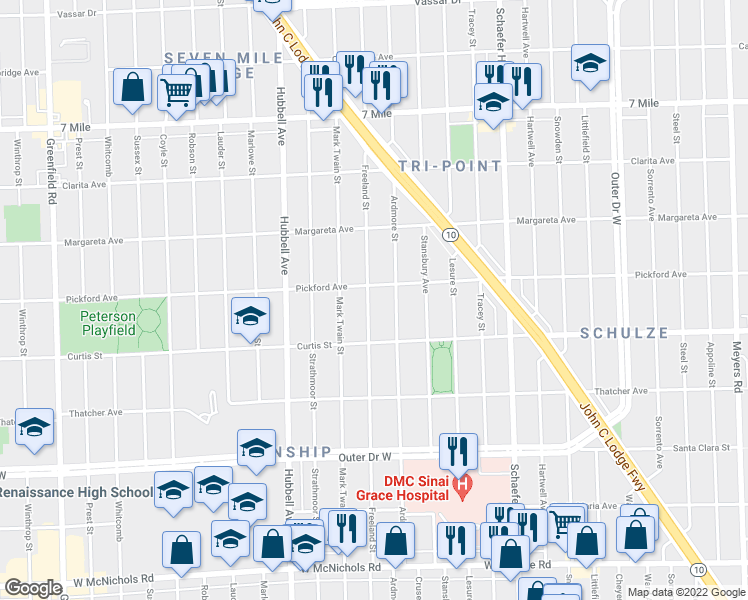 map of restaurants, bars, coffee shops, grocery stores, and more near 18290 Freeland Street in Detroit