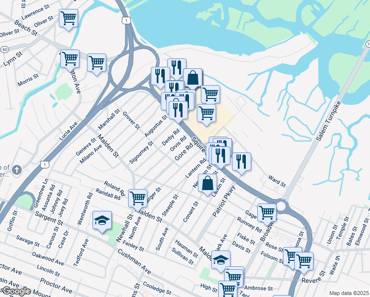 map of restaurants, bars, coffee shops, grocery stores, and more near 149 Gore Road in Revere