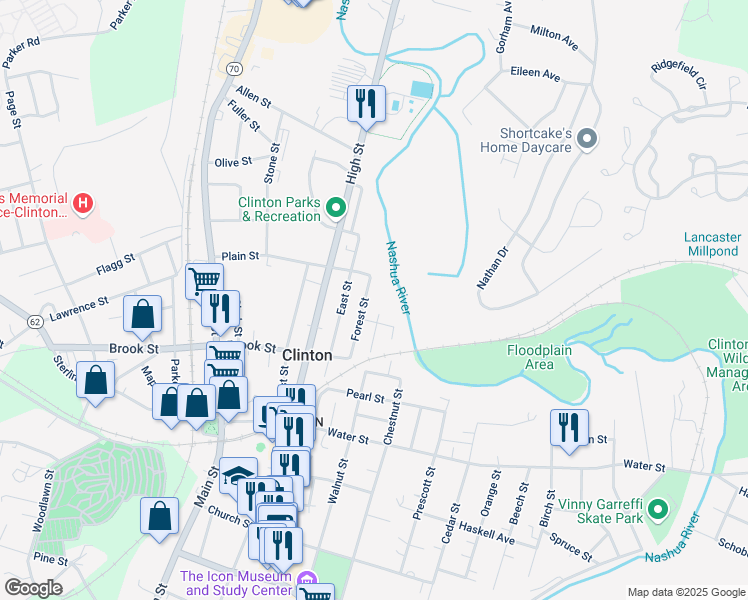 map of restaurants, bars, coffee shops, grocery stores, and more near 39 Walnut Street in Clinton