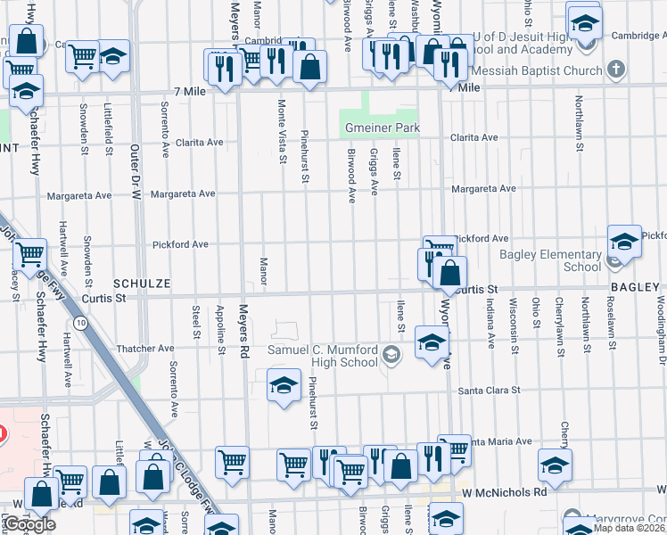 map of restaurants, bars, coffee shops, grocery stores, and more near 18226 Mendota Street in Detroit