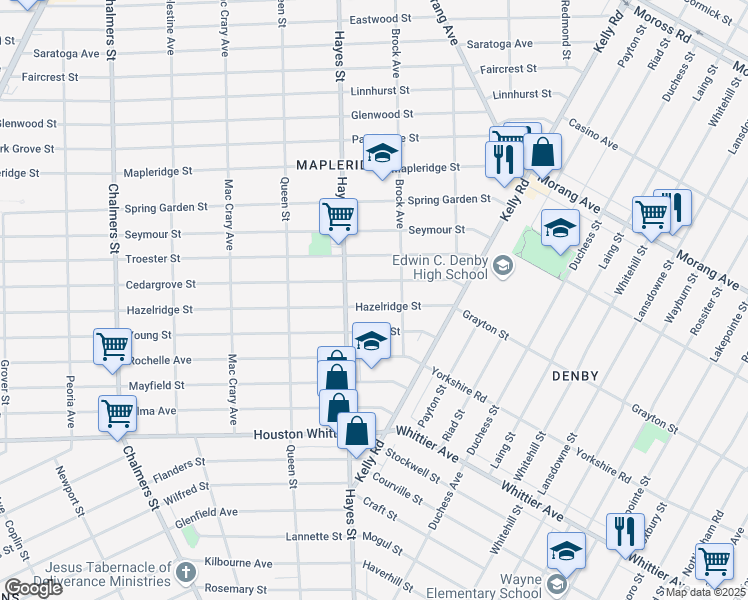 map of restaurants, bars, coffee shops, grocery stores, and more near 15255 Hazelridge Street in Detroit