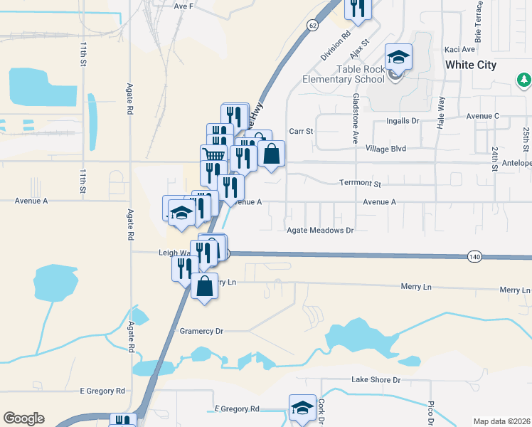 map of restaurants, bars, coffee shops, grocery stores, and more near 2422 Avenue A in White City