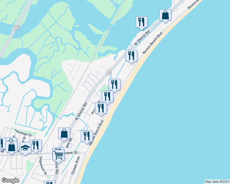 map of restaurants, bars, coffee shops, grocery stores, and more near 425 Revere Beach Boulevard in Revere
