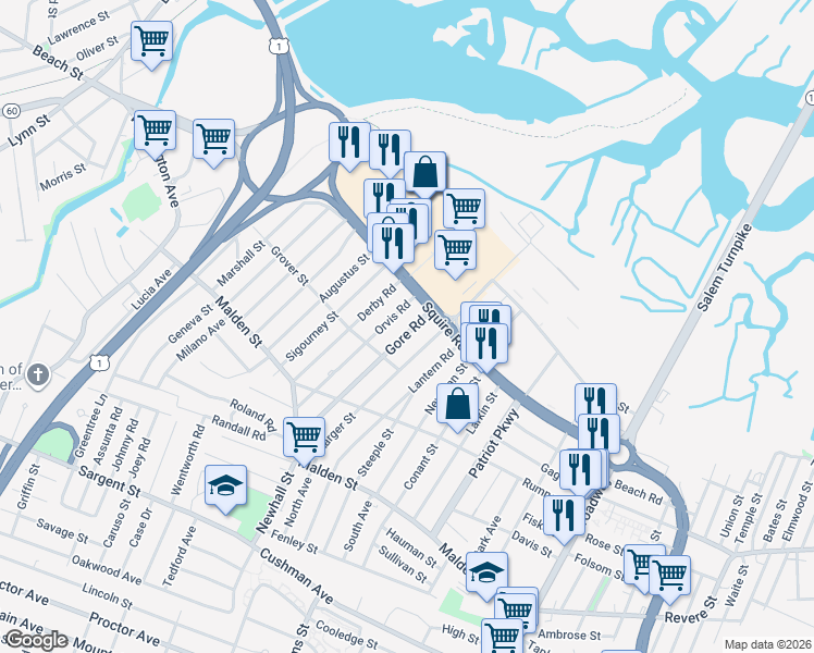 map of restaurants, bars, coffee shops, grocery stores, and more near 149 Gore Road in Revere