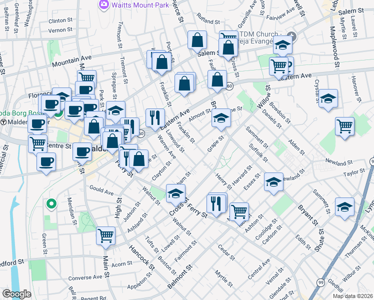 map of restaurants, bars, coffee shops, grocery stores, and more near 78 Linwood Street in Malden