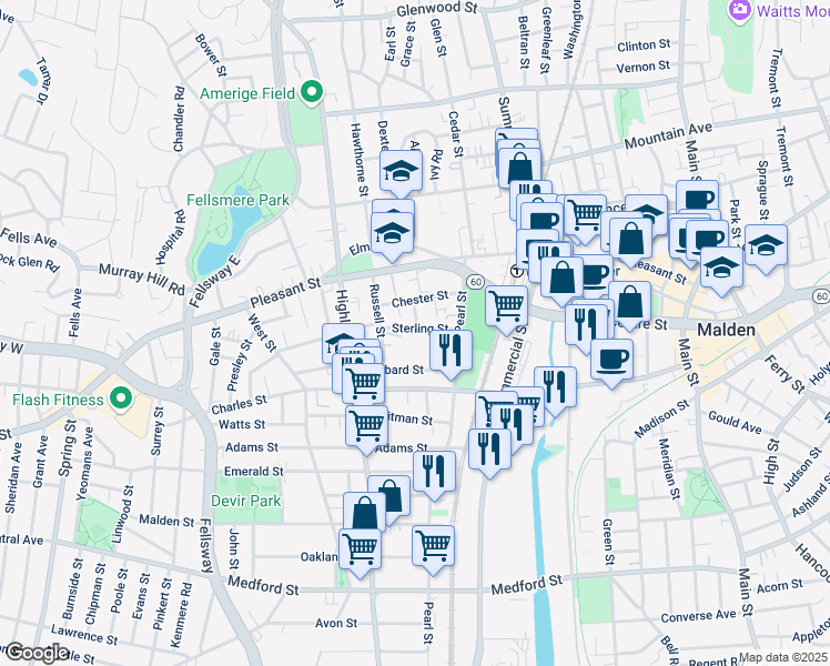 map of restaurants, bars, coffee shops, grocery stores, and more near 89 Pearl Street in Malden