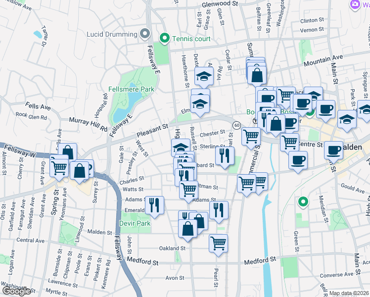 map of restaurants, bars, coffee shops, grocery stores, and more near 341 Highland Avenue in Malden