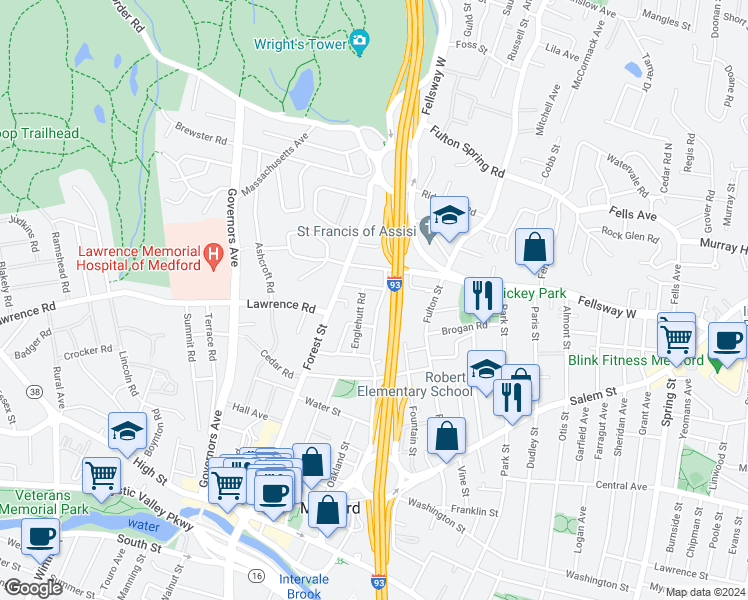 map of restaurants, bars, coffee shops, grocery stores, and more near 204 Brookside Parkway in Medford