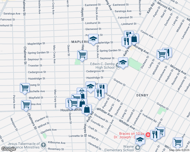 map of restaurants, bars, coffee shops, grocery stores, and more near 15276 Hazelridge Street in Detroit