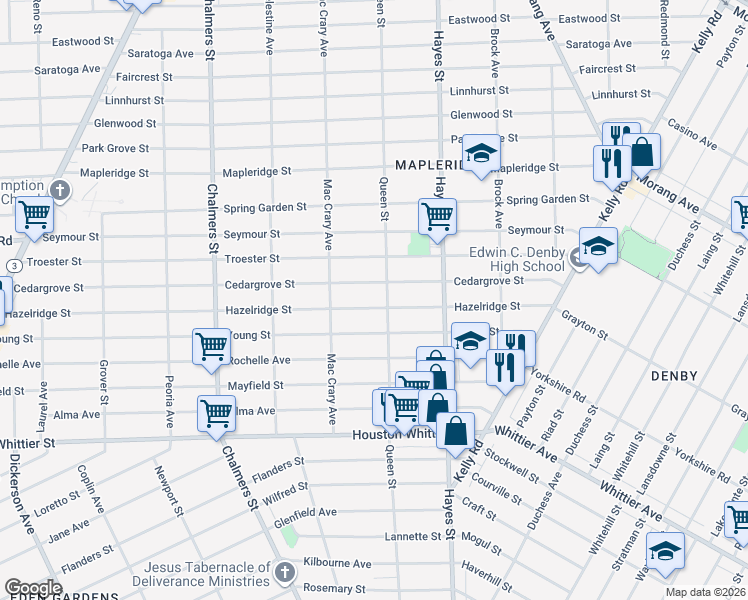 map of restaurants, bars, coffee shops, grocery stores, and more near 14910 Hazelridge Street in Detroit
