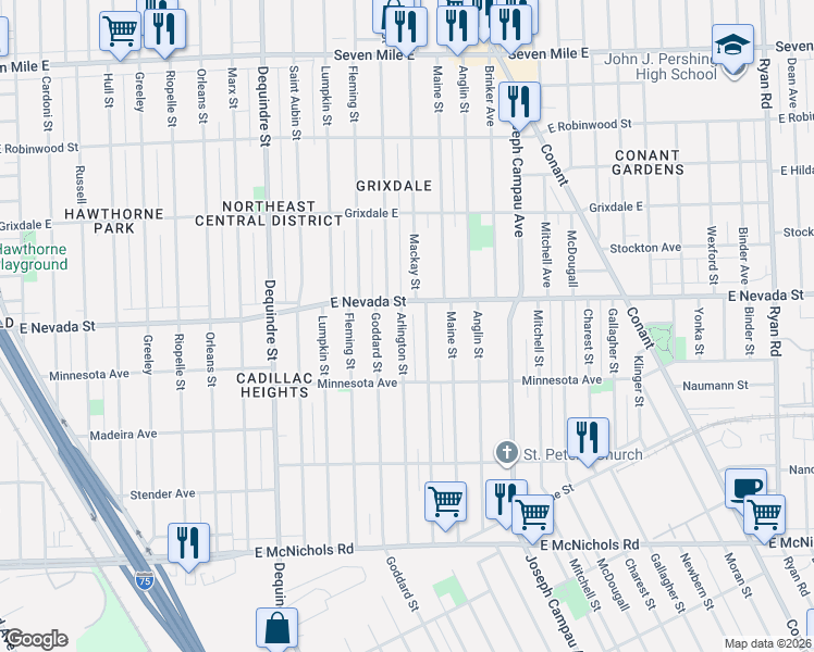 map of restaurants, bars, coffee shops, grocery stores, and more near 17871 Arlington Street in Detroit