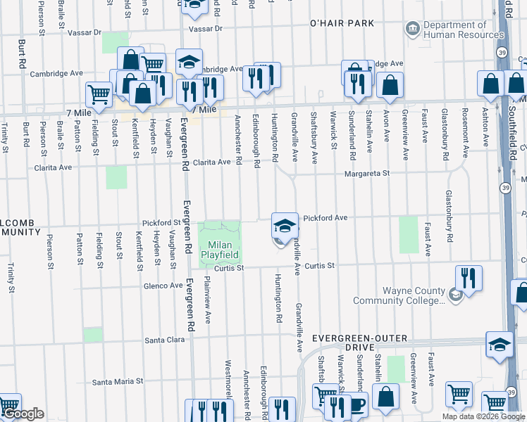 map of restaurants, bars, coffee shops, grocery stores, and more near 19399 Pickford Avenue in Detroit