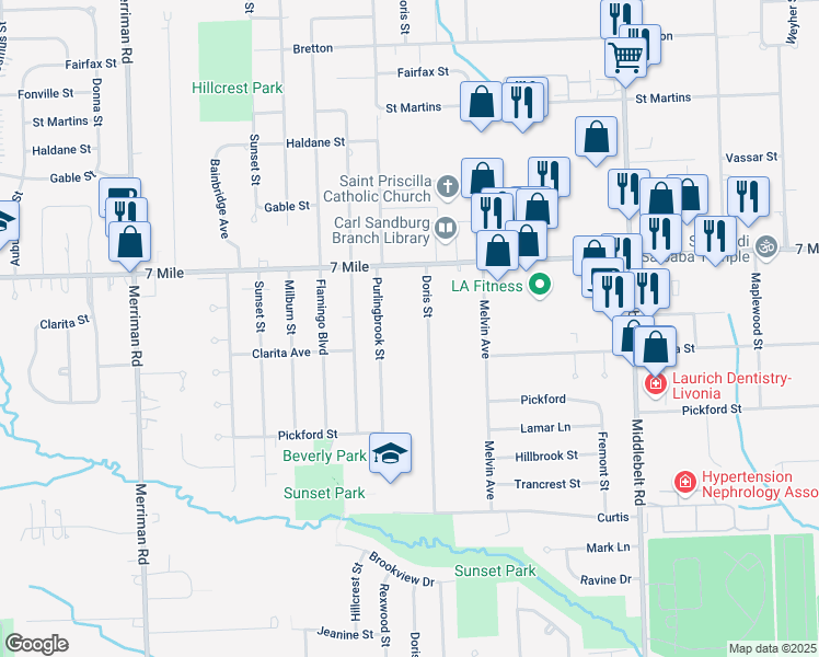 map of restaurants, bars, coffee shops, grocery stores, and more near 18949 Doris Street in Livonia
