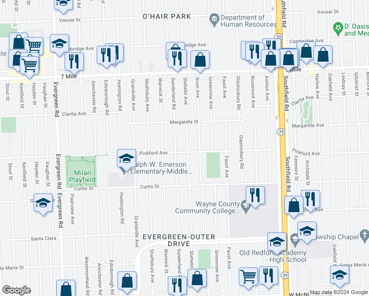 map of restaurants, bars, coffee shops, grocery stores, and more near 18411 Stahelin Avenue in Detroit