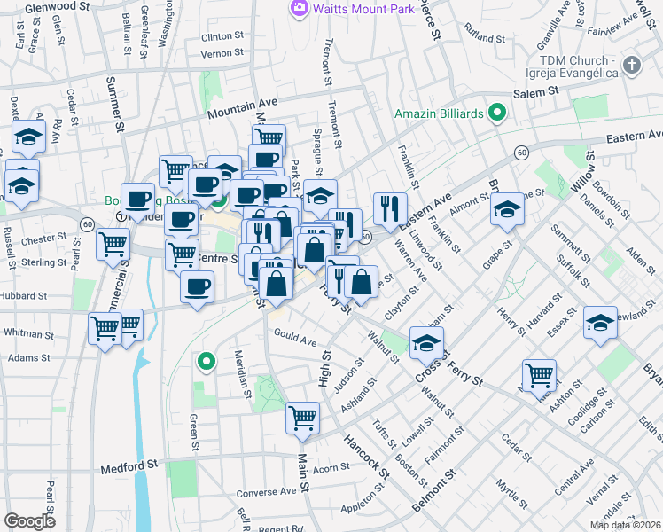 map of restaurants, bars, coffee shops, grocery stores, and more near 138 Eastern Avenue in Malden