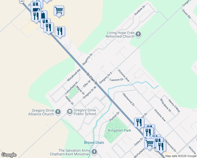 map of restaurants, bars, coffee shops, grocery stores, and more near 595 Saint Clair Street in Chatham-Kent