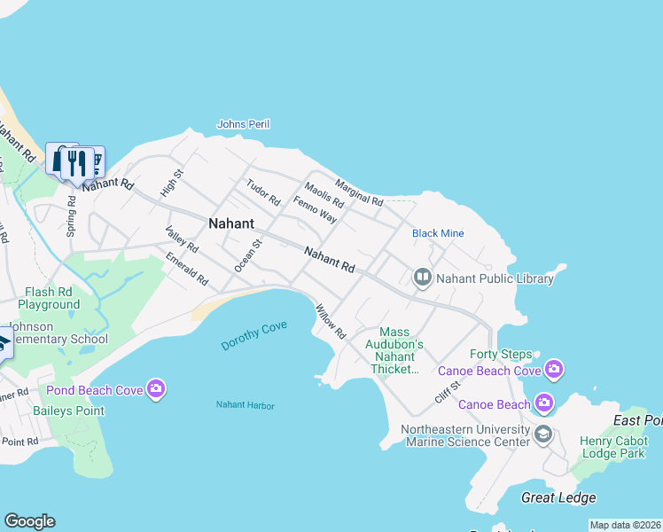 map of restaurants, bars, coffee shops, grocery stores, and more near 295 Nahant Road in Nahant