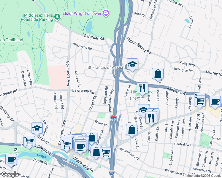 map of restaurants, bars, coffee shops, grocery stores, and more near 204 Brookside Parkway in Medford