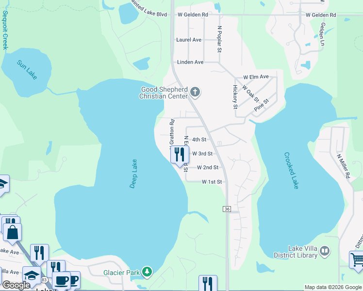 map of restaurants, bars, coffee shops, grocery stores, and more near 21963 West 3rd Street in Lake Villa