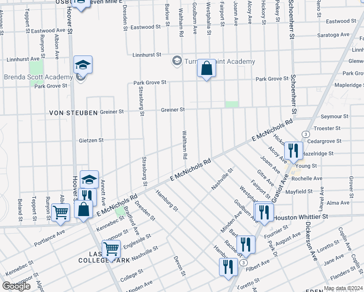map of restaurants, bars, coffee shops, grocery stores, and more near 17217 Waltham Street in Detroit