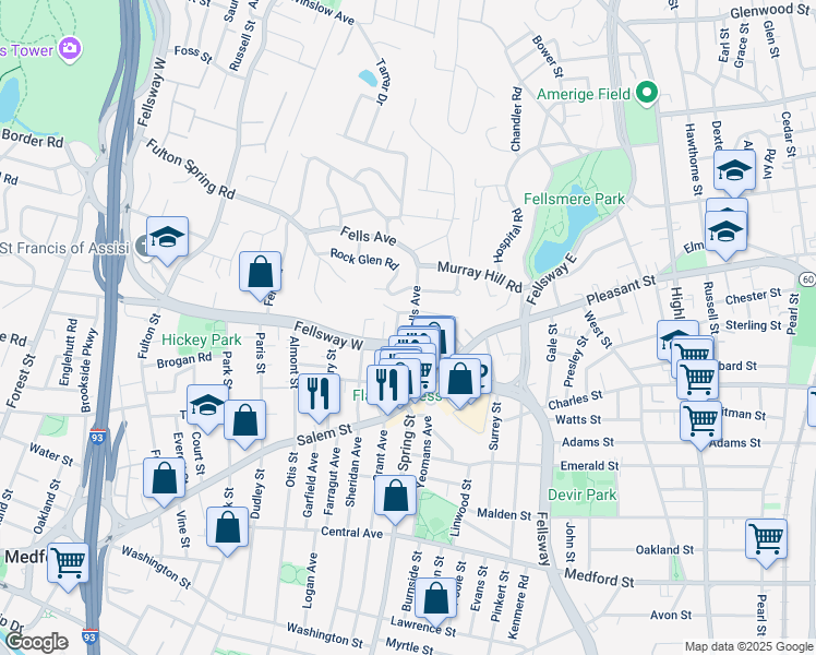 map of restaurants, bars, coffee shops, grocery stores, and more near 117 Fellsway West in Medford