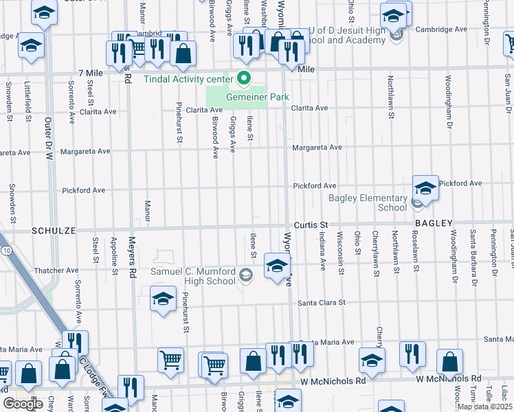 map of restaurants, bars, coffee shops, grocery stores, and more near 18258 Ilene Street in Detroit