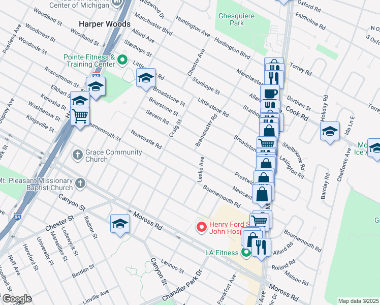 map of restaurants, bars, coffee shops, grocery stores, and more near 21673 Newcastle Road in Harper Woods
