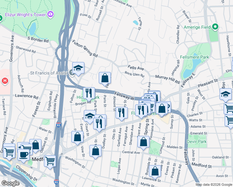 map of restaurants, bars, coffee shops, grocery stores, and more near 250 Fellsway West in Medford