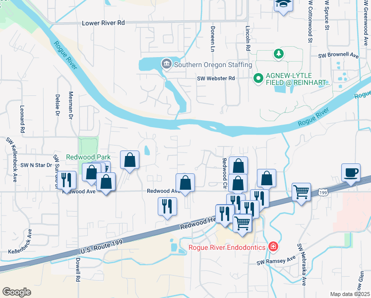 map of restaurants, bars, coffee shops, grocery stores, and more near 1505 Molly Lane in Grants Pass